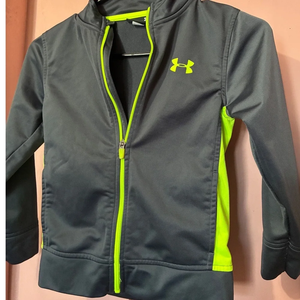 Under Armour Boys Track Jacket Gray Neon Green Full Zip Athletic Size 6
